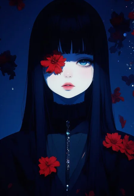 A sleek, minimalist portrait of a mysterious woman in a dark, sophisticated setting. Her sharp, elegant features are illuminated by a soft moonbeam, casting delicate shadows across her face. She wears a tailored, modern outfit in deep black and charcoal tones, blending seamlessly into the ethereal, dark blue background. A single red flower, intricately detailed, blooms over one eye, attached with delicate thorns, creating a dramatic yet elegant focal point. Her cold, poised expression is complemented by her sleek, dark hair, glowing subtly under the soft light. The background is minimal, with hints of black rose petals drifting in the shadows, adding a touch of mystery and refinement, sbfte, detail eyes, magic eyes, de01,