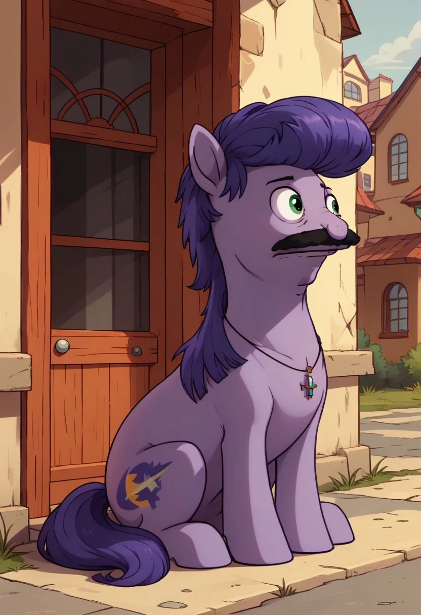 furry, feral, pony, 1boy, purple skin, facial hair, mustache, full body, exterior, source_pony, source_cartoon, score_9, score_8_up, score_7_up,