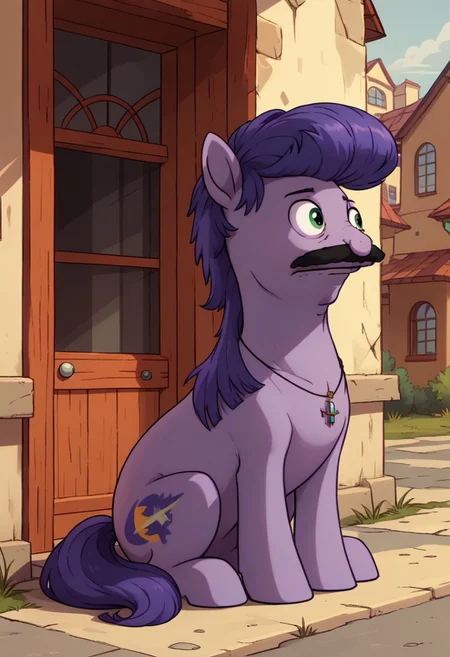 furry, feral, pony, 1boy, purple skin, facial hair, mustache, full body, exterior, source_pony, source_cartoon, score_9, score_8_up, score_7_up,