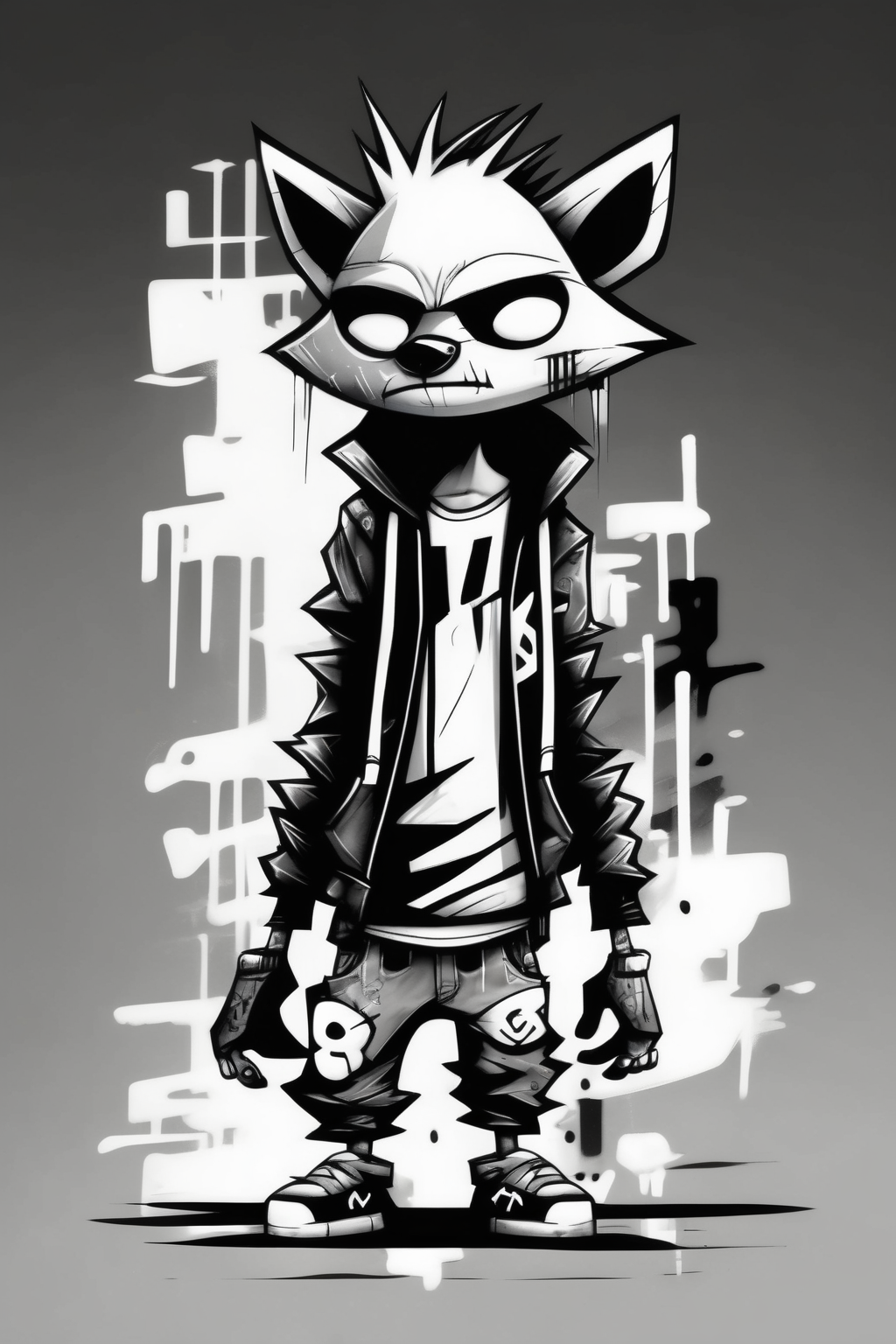 <lora:Skottie Young Style:1>Skottie Young Style - full body minimal stylized cyberpunk graffiti cartoon raccoon gang member black and white in the style of skottie young
