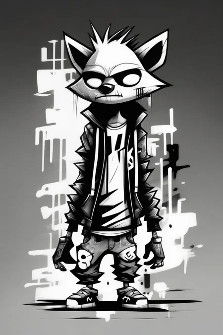 <lora:Skottie Young Style:1>Skottie Young Style - full body minimal stylized cyberpunk graffiti cartoon raccoon gang member black and white in the style of skottie young