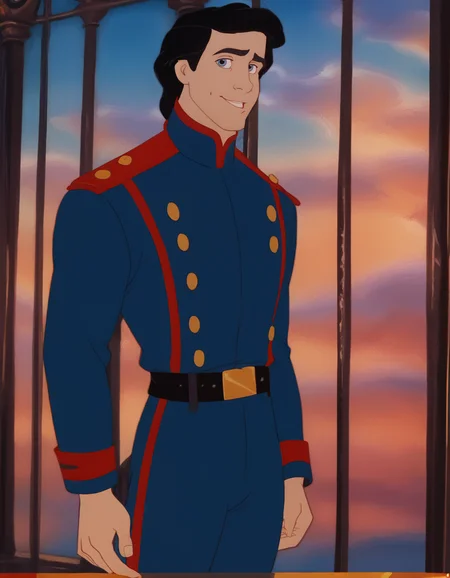 score_9, score_8_up, score_7_up, Prince_Eric_LTM, 1boy, black hair, light-blue eyes, dark blue military uniform, red shoulder straps, black leather belt, golden buckle, black shoes, red and blue collar, massive gold buttons, red embroidery, solo, standing, baroque interior, high windows, looking at viewer, best quality, much detailed, high resolution, Expressiveh, zPDXL3, <lora:Prince_Eric_LTM:1>, <lora:Smooth Anime Style LoRA XL:0.8>, <lora:Expressive_H:0.6>, <lora:add-detail-xl:1>, <lora:zPDXL3:1>âââ