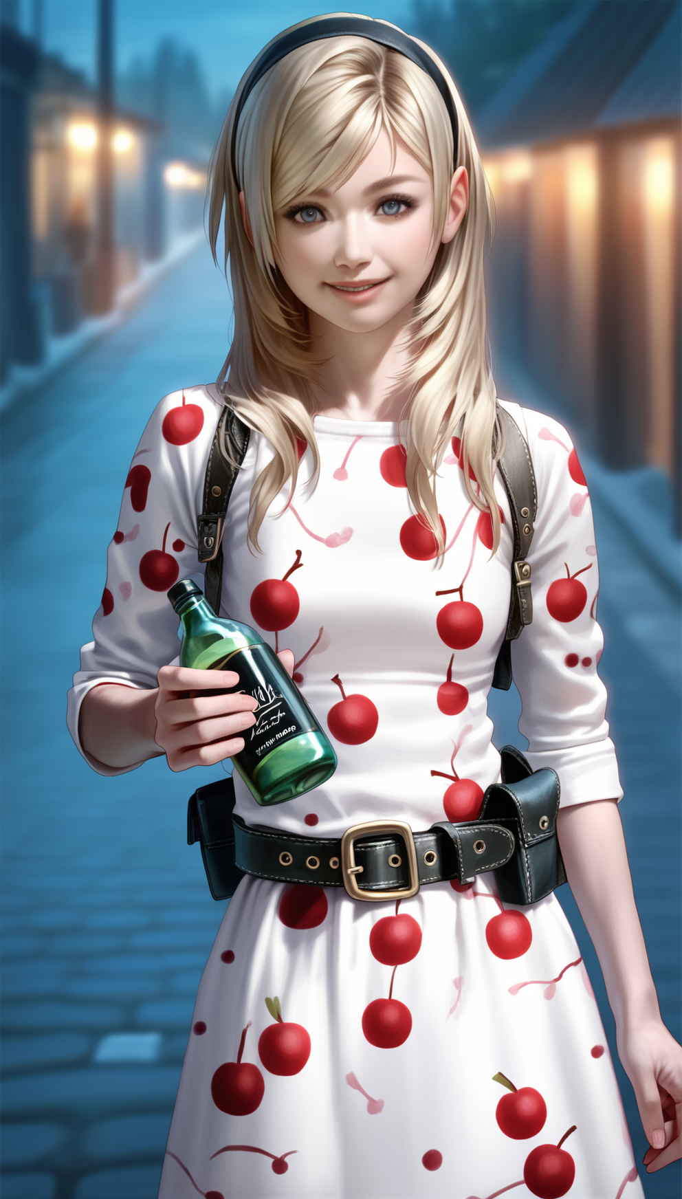 score_9,score_8_up,score_7_up,
<lora:Leanne:0.9>,
leanne,
highres,photorealism,
1girl,solo,blonde hair,long hair,bangs,black hairband with white accents,blue eyes,looking at viewer,smile,parted lips,facing viewer,pink long sleeves with cherry patterns,brow belt,belt pouch,upper body,holding bottles toward viewer,outdoors,night,path,bloom,blurry background,