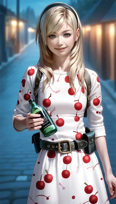 score_9,score_8_up,score_7_up,
<lora:Leanne:0.9>,
leanne,
highres,photorealism,
1girl,solo,blonde hair,long hair,bangs,black hairband with white accents,blue eyes,looking at viewer,smile,parted lips,facing viewer,pink long sleeves with cherry patterns,brow belt,belt pouch,upper body,holding bottles toward viewer,outdoors,night,path,bloom,blurry background,