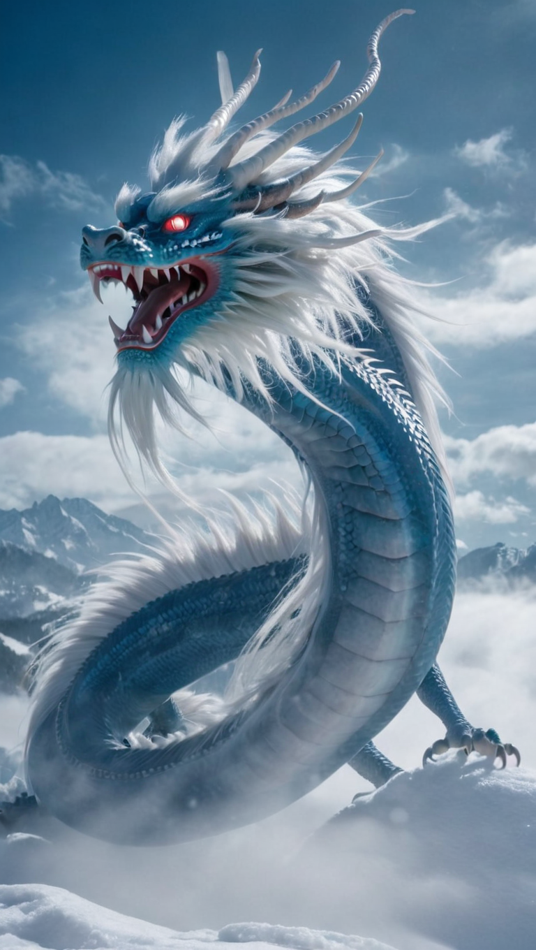 <lora:xl-shanbailing-1025-eastern dragon-000008:0.9>,bailing_eastern dragon,dragon suspended in the air there are clouds,snow,outdoors,red eyes,long hair,snowing,from behind,blue_dragon,