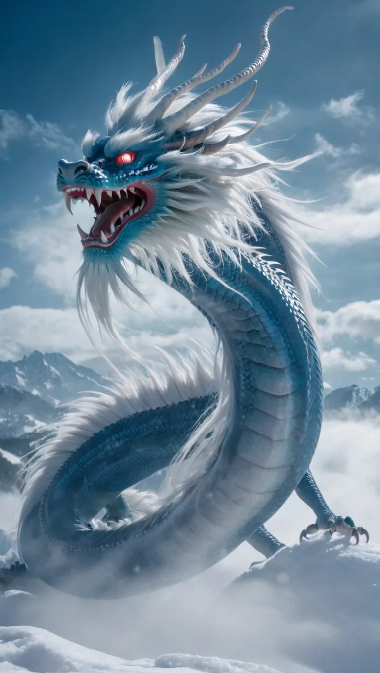 <lora:xl-shanbailing-1025-eastern dragon-000008:0.9>,bailing_eastern dragon,dragon suspended in the air there are clouds,snow,outdoors,red eyes,long hair,snowing,from behind,blue_dragon,