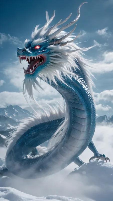 <lora:xl-shanbailing-1025-eastern dragon-000008:0.9>,bailing_eastern dragon,dragon suspended in the air there are clouds,snow,outdoors,red eyes,long hair,snowing,from behind,blue_dragon,