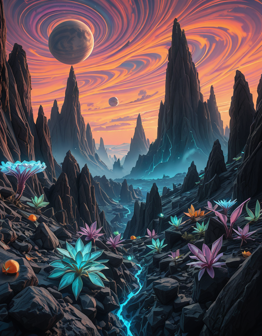 A breathtaking alien planet with a surreal and otherworldly landscape. The terrain is vast and diverse, featuring towering jagged rock formations with glowing bioluminescent veins running through them. The ground is covered in a mix of iridescent sand and patches of strange, luminescent plant life that emit a soft, pulsating glow. In the distance, a massive gas giant with swirling colorful clouds dominates the sky, accompanied by multiple moons of varying sizes. The atmosphere is thick with misty, swirling vapors, casting an ethereal glow over the horizon. Floating islands hover in the sky, defying gravity, with cascading waterfalls that vanish into the mist below. Strange, spire-like structuresâeither natural formations or remnants of an ancient civilizationârise from the landscape, adding a sense of mystery. The sky is a mesmerizing blend of deep purples, blues, and fiery oranges, with twin suns casting dramatic, elongated shadows. The scene is immersive, evoking a sense of wonder and discovery on an uncharted alien world.
 <lora:SDXLFaeTastic2400:0.4> <lora:extremely_detailed:0.4> extremely detailed, <lora:alien_pl4n3t-ill:1>,alien pl4n3t, Masterpiece,best quality,hi res,8k,hi res,8k,award winning,(sharp focus, intricate, highly detailed),