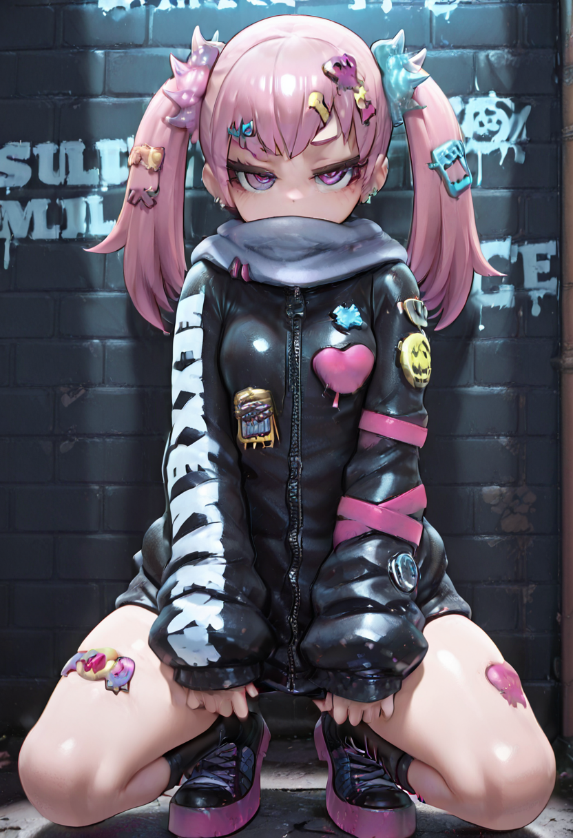 masterpiece, best quality,   zzH0ld, leaning against a brick wall in a dimly lit alley, one knee raised, boots scuffed from street battles, jacket slightly open revealing layered accessories, piercing glinting under the flickering light, safety pin and button badge details on jacket, mist curling around the pavement, intense and brooding atmosphere  ,<lora:HoldXcute_IXL:1.0>,  NyxL0v3, <lora:NyxLoveStyle_IXL:0.8>,
