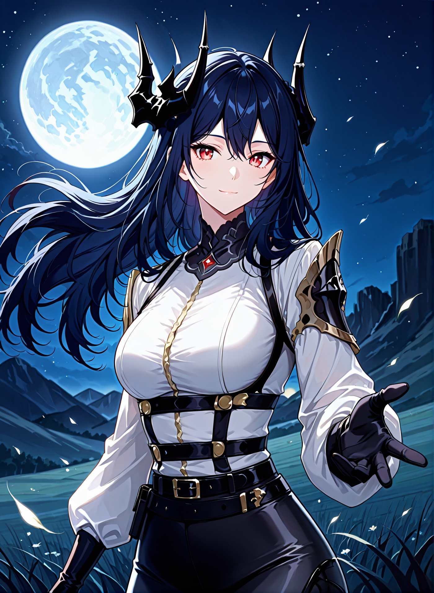 <lora:Caera_Denoir__The_Beginning_After_the_End__Illustrious (1):1>
Caera Denoir, 1girl, solo,dark blue hair, long hair, intricate demon horns, red eyes, tight white blouse with golden buttons, , high-waisted black fitted pants, black gloves, black high-heeled boots, gothic armored shoulder pad, 
score_9, score_8_up, score_7_up, very aesthetic, source_anime, detailed, high quality, beautiful, masterpiece, detailed eyes, field, blurry background, pose dynamic angle, upper body, cowboy shot, light smile, looking back, reaching out, floating hair, looking at viewer, night, blue moon