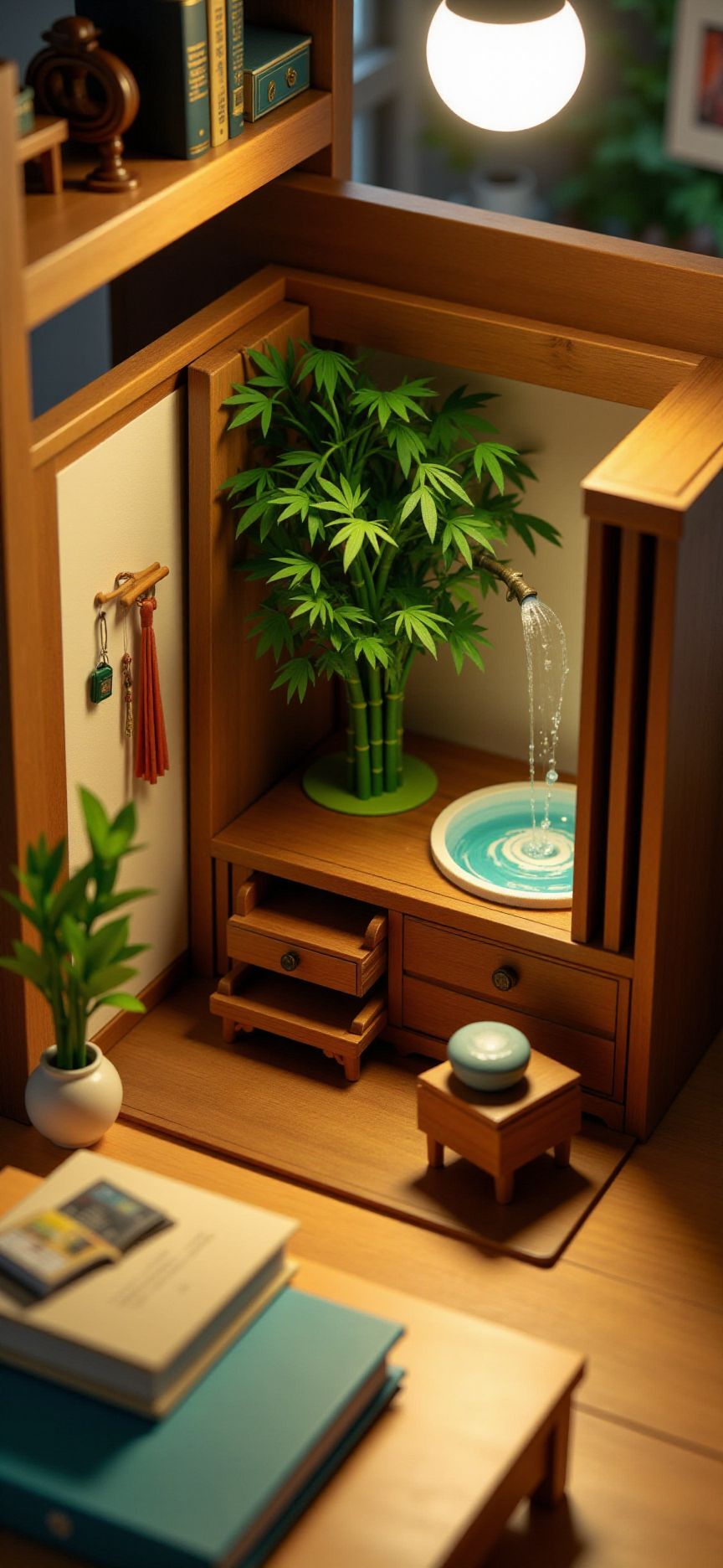 (indoors,indoor,isometric view,side view,tilt-shift lens:2), (in the style of ck-sfc,fna_style,fna_style,a scene from a pop-up,card letter:2), (very huge miniature wardrobe:1.5),(opened wardrobeis filled with  bamboo tree,hinoki onsen with water:2) (on desk at study:4) <lora:Fantasy_Novel_Art_Style:1><lora:ck-plastic-models:1> <lora:Pop-up_Book_Papercraft_Plotter_FLUX:1>