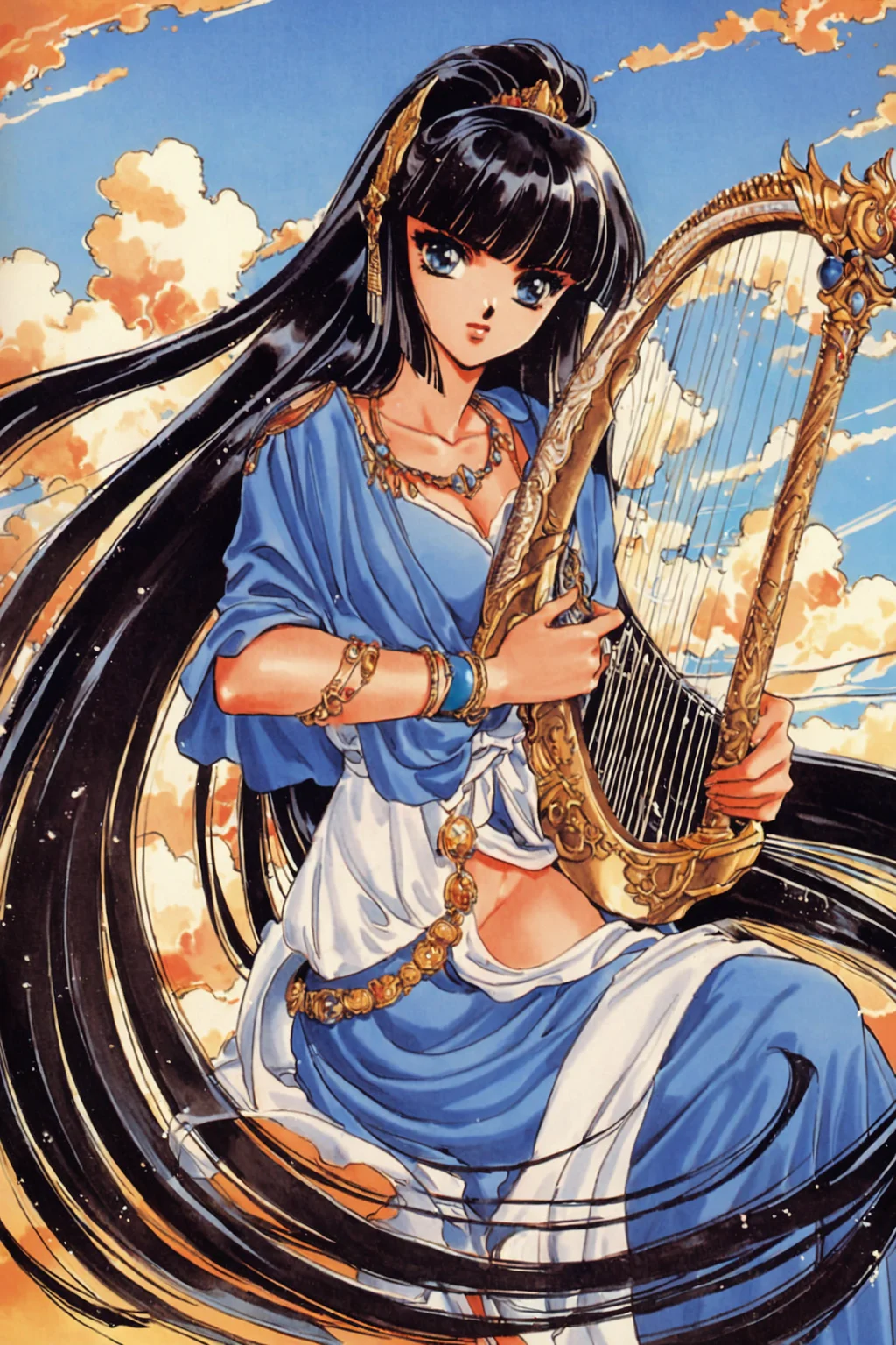 Gandharva,long hair,1girl,solo,instrument,black hair,very long hair,(hime cut:1.3),dress,blue eyes,jewelry,retro artstyle,absurdly long hair,cloud,bracelet,water,hair ornament,harp,blue dress,sky,traditional media,<lora:RG Veda_XL:0.8>,