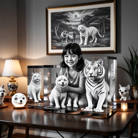 blurry, old, grin, greyscale, 1girl, lamp, tiger, table, black hair, telstar, dog, 1other