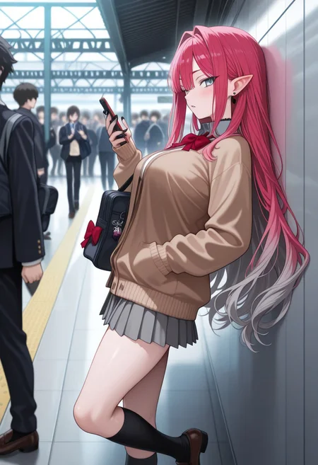 1girl,solo,(from side),pinup \(style\), TM-Illu,<lora:Bob_Illus:1>,grey skin,colored skin,grey eyes,pink hair,very long hair,multicolored hair,grey hair,colored inner hair,pointy ears,large breasts,black nails,stud_earrings,school uniform,brown cardigan,cardigan,long sleeves,sleeves past wrists,red bow,bowtie,collared shirt,grey skirt,pleated skirt, kneehighs,black socks,loafers,looking at viewer,parted lips,blush,standing,against wall,leaning back,feet against wall,hand in pocket,holding phone,smartphone,cellphone charm,shoulder bag,bag charm,train station,crowd,student,masterpiece,best quality,amazing quality,<lora:add-detail-xl:1>,<lora:spo_sdxl_10ep_4k-data_lora_webui:1>,<lora:PHM_style_IL_v3.3:1> BREAK