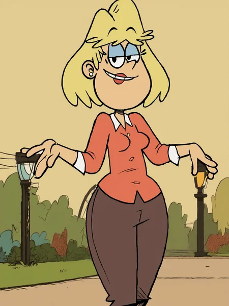 1girl, solo, blonde hair, short hair, earrings, jewelry, rita loud, smile, shirt, pants, style parody, breasts, rita_loud, standing, stud earrings, lipstick, score_9, score_8_up, score_7_up, score_6_up, score_5_up, score_4_up, smile, outdoors, looking at viewer, <lora:RitaLoudPony1.1:1>