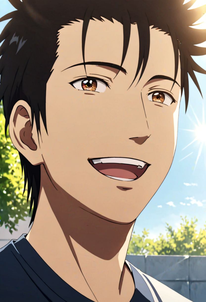 Highres, Masterpiece, High Quality, 4K, 8K, solo, 1Boy, Soujirou Agata, brown eyes, black hair, sunny weather, sunshine, potrait, laughing, looking at viewer, easynegative, detailed_eye_model