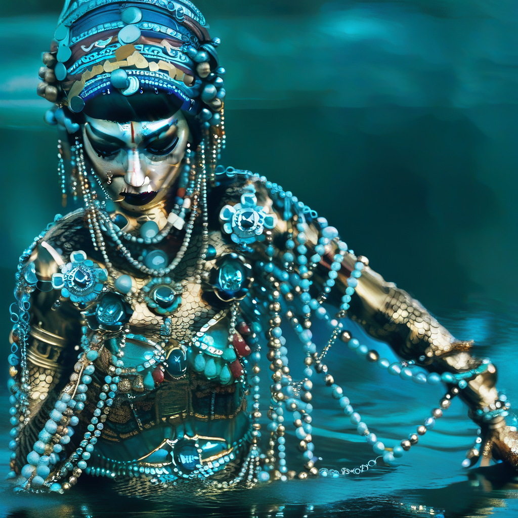 a woman with a face painted like a hindu goddess by AlbertoMielgo  <lora:AlbertoMielgo_style2_SDXL:1>, gold plated face, Lots of gold and silver jewelry, staying in the lake. dark night time