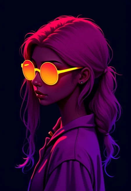 ffdac, a woman wearing glowing red and purple sunglasses, beautiful, dark background, contrast of color and darkness, painting