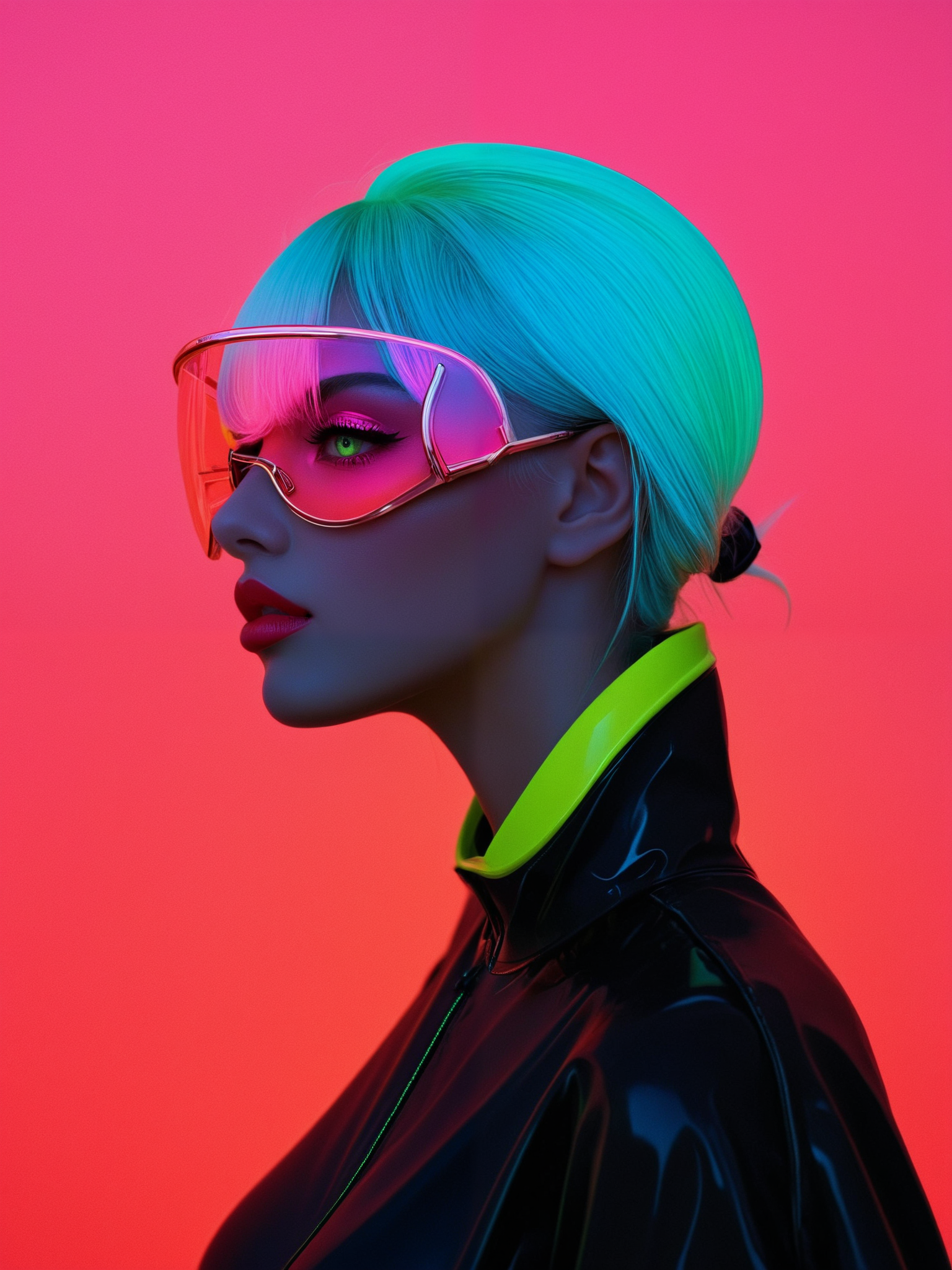 embedding:Stable_Yogis_PDXL_Positives2,  facelistic, realism, plump lips, puckered lips, gradient, Futuristic glasses, helmet glasses, glowing eyes, neon green eyes, synthwave style, 1girl, colored skin, pink background, profile, red background, red sky, simple background, solo