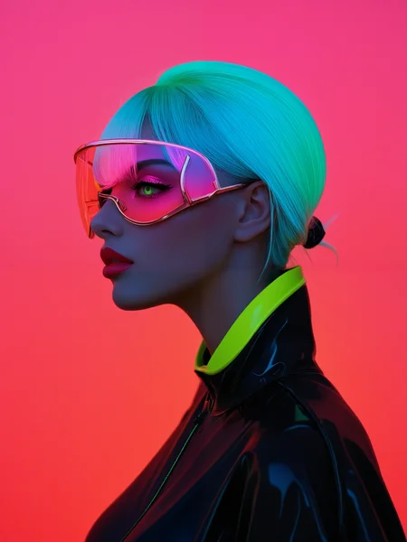 embedding:Stable_Yogis_PDXL_Positives2, facelistic, realism, plump lips, puckered lips, gradient, Futuristic glasses, helmet glasses, glowing eyes, neon green eyes, synthwave style, 1girl, colored skin, pink background, profile, red background, red sky, simple background, solo