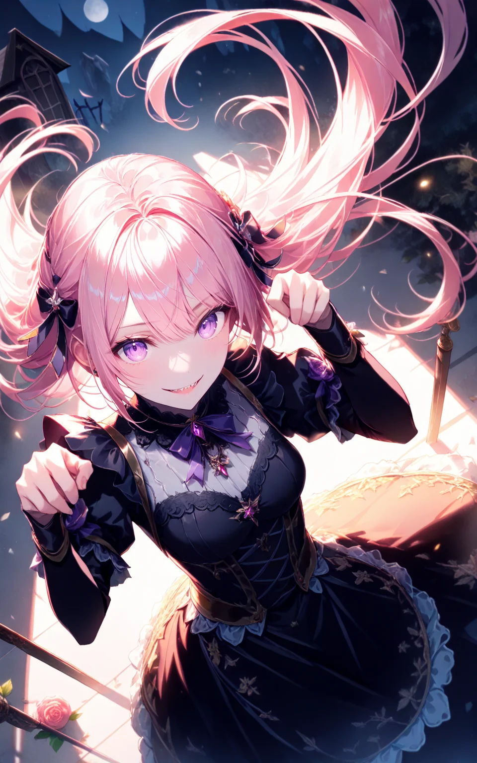 cowboy_shot,dutch angle,civchan,pink hair,purple eyes,creepy girl,glowing eyes,sinister smile,sharp teeth,(cat_pose),evil grin,gothic,eerie cemetery,night mist,horror lighting,black dress,dramatic eye focus,spooky expression,realistic face,pale skin,long flowing hair,ultra-detailed,(masterpiece:2),(best quality:1.1),Cinematic Lighting,(illustration, 8k CG, extremely detailed),<lora:civichan-base-01-XL:0.9>,<lora:detailed_notrigger:1>,<lora:xl_more_art-full_v1:0.8>,