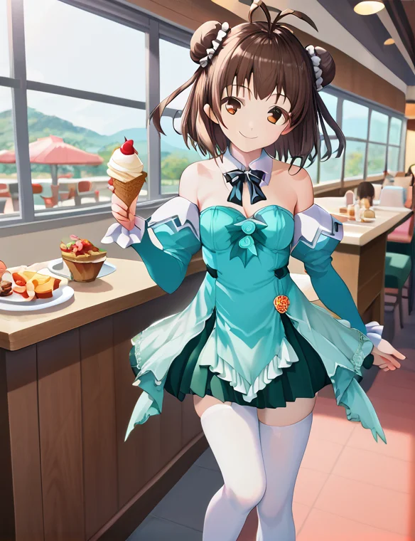 score_9, score_8_up, score_7_up, score_6_up, score_5_up, score_4_up, (source_anime:1.3),(masterpiece:1.3), (high quality:1.3),(1girl: pia3_fm,mint-cream dress,frills,detached collar,detached sleeves,bare shoulders,strapless,green skirt,white thighhighs,black loafers,short hair,hair bun,double bun,white scrunchie,antenna hair,brown eyes,brown hair,scrunchie,smile ), <lora:pia_carrot_3_outfits:1.0>, restaurant, <lora:Naka_Kantai_CollectionKancolle_XL:1>