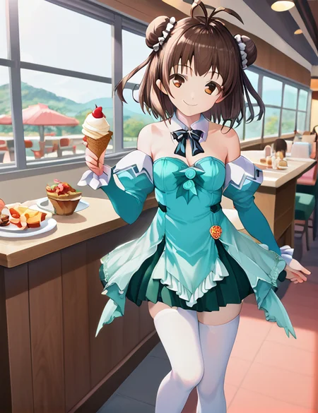 score_9, score_8_up, score_7_up, score_6_up, score_5_up, score_4_up, (source_anime:1.3),(masterpiece:1.3), (high quality:1.3),(1girl: pia3_fm,mint-cream dress,frills,detached collar,detached sleeves,bare shoulders,strapless,green skirt,white thighhighs,black loafers,short hair,hair bun,double bun,white scrunchie,antenna hair,brown eyes,brown hair,scrunchie,smile ), <lora:pia_carrot_3_outfits:1.0>, restaurant, <lora:Naka_Kantai_CollectionKancolle_XL:1>