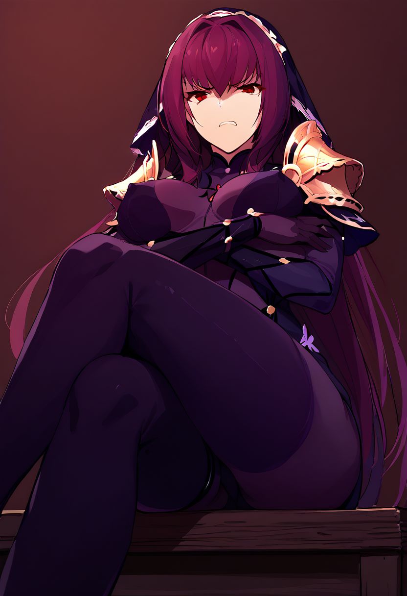 score_9, score_8_up, score_7_up, 1girl, ultra detailed, source_anime, scathach, long hair, purple hair, red eyes, armor, bodysuit, pauldrons, purple bodysuit, shoulder armor, thighs, veil, black veil, disgusted face, looking at viewer, sitting on wooden chair, crossed legs, arms under breast, disgust, erect nipples