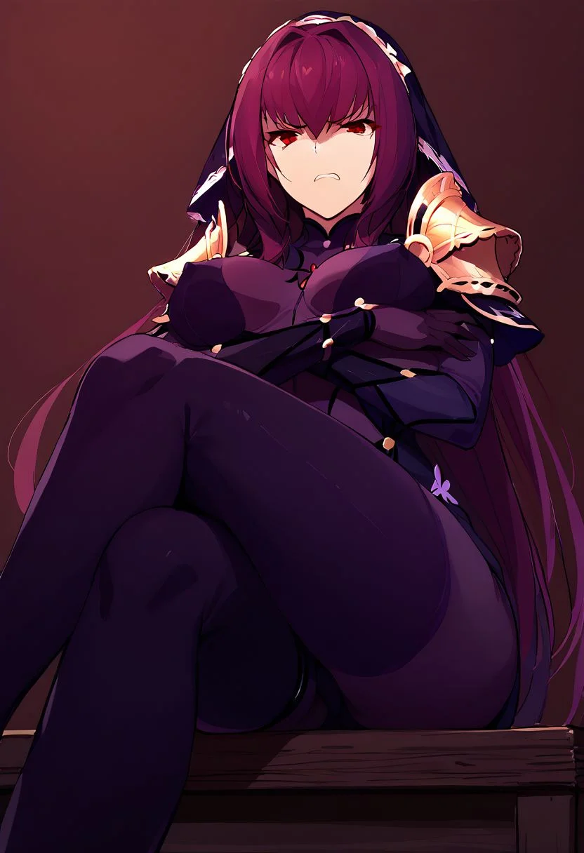 score_9, score_8_up, score_7_up, 1girl, ultra detailed, source_anime, scathach, long hair, purple hair, red eyes, armor, bodysuit, pauldrons, purple bodysuit, shoulder armor, thighs, veil, black veil, disgusted face, looking at viewer, sitting on wooden chair, crossed legs, arms under breast, disgust, erect nipples