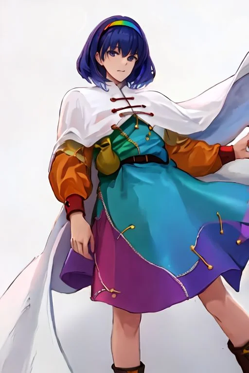 solo_focus, 1girl, ((white background, simple background)):2, (((masterpiece))), ((best quality)), ((ultra-detailed)), high resolution, absurdres, highres, ultra-detailed 8k unity wallpaper,
Tenkyuu Chimata, multicolored hairband, multicolored dress, zipper lines (clothes), cape, cloud print, brown bag belt, pink boots,