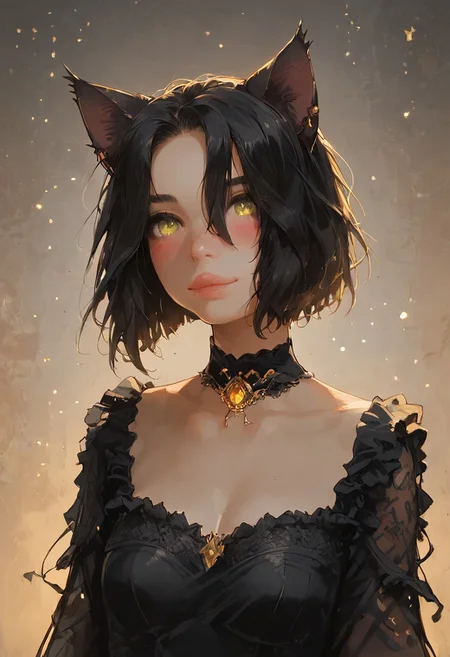 score_9, score_8_up, score_7_up, score_6_up, score_5_up, score_4_up, score_9, score_8_up, score_7_up, (best quality, masterpiece, colorful, highest detailed),, fashion photography of cute (beautiful cat girl), (solo, 1girl), (((young adult))), (yellow expressive eyes), (black hairs, short hairs, messy hairs), ((black cat ears, black cat tail)), in high detailed textured (((simple black dress:1.5))), (ultra-detailed body), (intricate details), (dynamic angle), ((( blushing))), ((take place in a European medieval town:1.5)), smiling g0thicPXL, glowing, neon, Expressiveh,