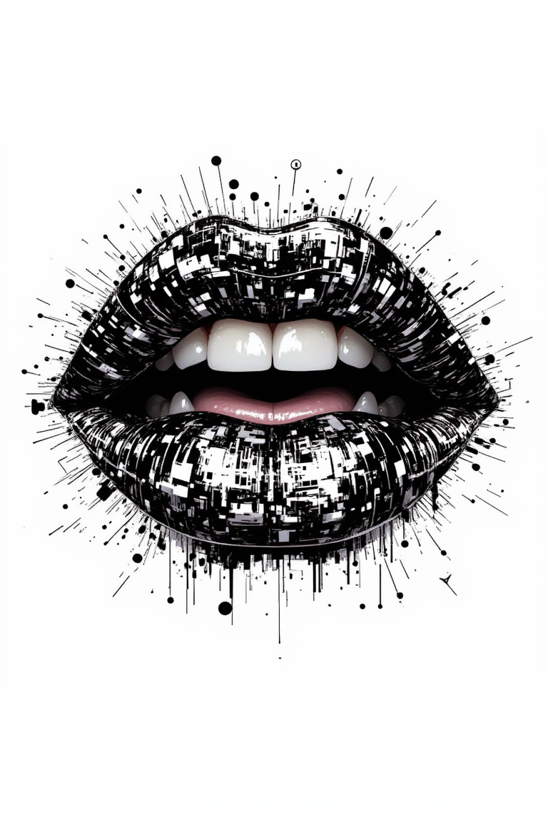 aidmafluxpro1.1.
Silhouette of lips, mouth slightly open with visible teeth, minimalist style, black and white, glitch art in the style of a halftone print artwork