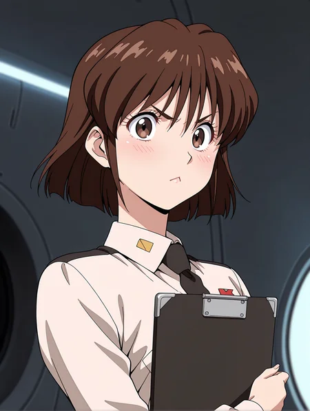 masterpiece,best quality,amazing quality,
1girl,solo,
<lora:Yuriko_Star_ilxl_v1.0:1>,Y_S,brown hair,short hair,brown eyes,
y_clothes,shirt,black tie,
<lora:Fixhands_anime_bdsqlsz_V1:1>,simple_background,light_blush,Inside a Spaceship,standing,upper_body,holding clipboard,looking_at_viewer,angry,kubrick_stare,:<,