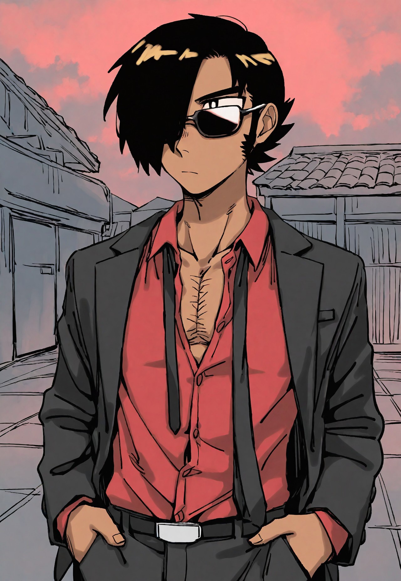 masterpiece, best quality, amazing quality, very aesthetic, absurdres, newest, detailed background, githew, 1boy, solo, matthew, black hair, sideburns, hair over one eye, black jacket, red shirt, loose necktie, partially unbuttoned, pectoral peek, skinny, body hair, sunglasses, refection in glasses, looking away, hands in pockets, rooftop, close-up, sketch, ergot