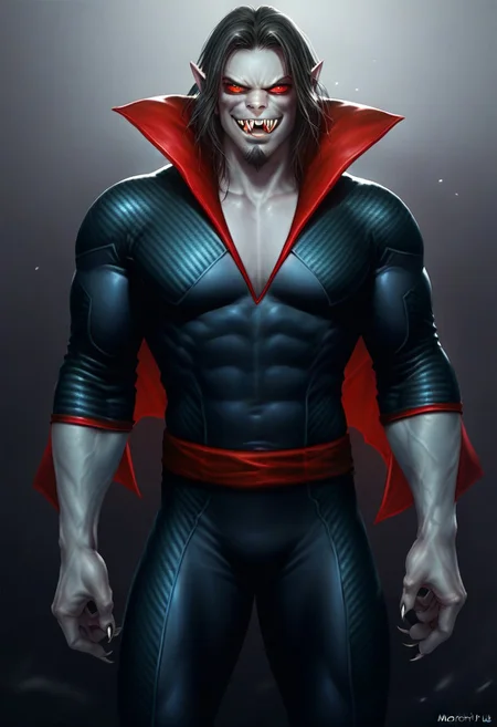 score_9, score_8_up, score_7_up, source_cartoon, solo, 1boy, ma_morbius, vampire, grey skin, red sclera, black hair, goatee, sharp teeth, bodysuit, smirk, standing, male focus,