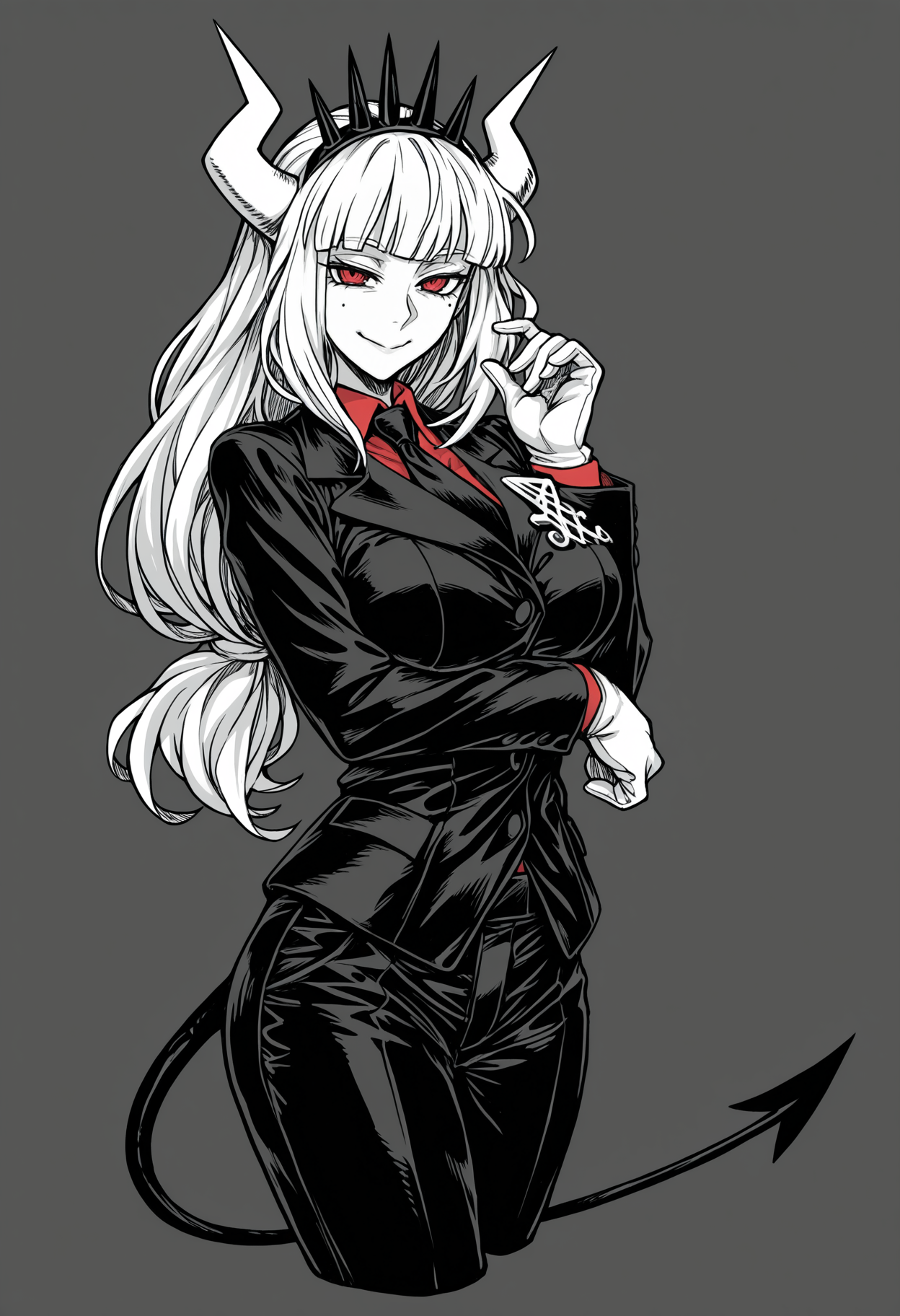((monochrome, greyscale, lucifer \(helltaker\))), lucifer \(helltaker\), 1girl, solo, long hair, looking at viewer, smile, simple background, shirt, large breasts, long sleeves, gloves, red eyes, jacket, tail, white hair, horns, necktie, collared shirt, pants, white gloves, grey background, black jacket, mole under eye, black pants, formal, demon girl, demon horns, suit, crown, red shirt, black necktie, demon tail, cropped legs, arm under breasts, black suit, business suit, black tail, white horns, masterpiece, best quality, ultra-detailed, highest quality, official art, latest, very awa, very aesthetic, detailed shading, (detailed background, complex background), amazing quality, intricate, hyper-detailed, excellent, absurdres, latest,