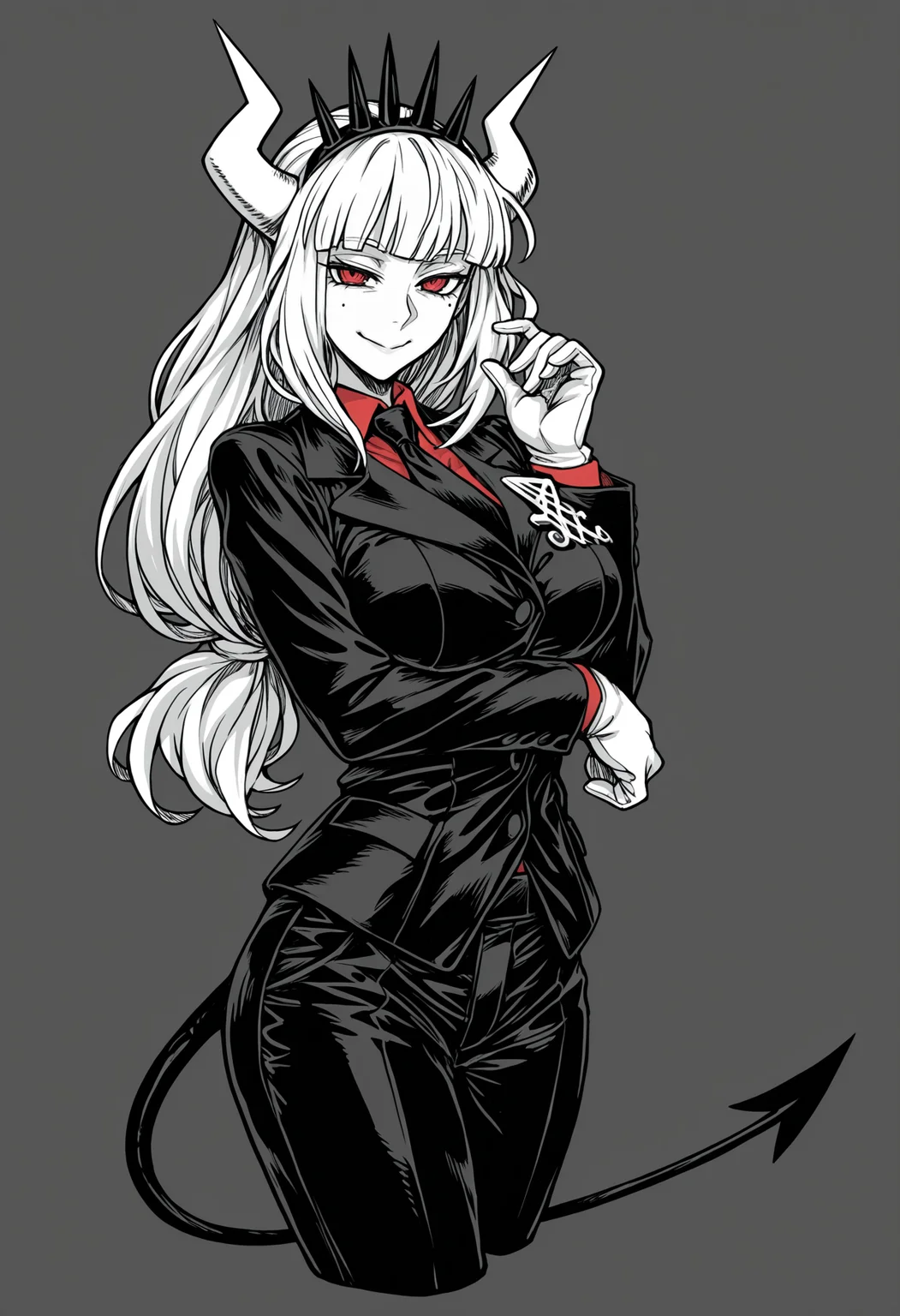 ((monochrome, greyscale, lucifer \(helltaker\))), lucifer \(helltaker\), 1girl, solo, long hair, looking at viewer, smile, simple background, shirt, large breasts, long sleeves, gloves, red eyes, jacket, tail, white hair, horns, necktie, collared shirt, pants, white gloves, grey background, black jacket, mole under eye, black pants, formal, demon girl, demon horns, suit, crown, red shirt, black necktie, demon tail, cropped legs, arm under breasts, black suit, business suit, black tail, white horns, masterpiece, best quality, ultra-detailed, highest quality, official art, latest, very awa, very aesthetic, detailed shading, (detailed background, complex background), amazing quality, intricate, hyper-detailed, excellent, absurdres, latest,