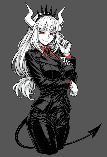 ((monochrome, greyscale, lucifer \(helltaker\))), lucifer \(helltaker\), 1girl, solo, long hair, looking at viewer, smile, simple background, shirt, large breasts, long sleeves, gloves, red eyes, jacket, tail, white hair, horns, necktie, collared shirt, pants, white gloves, grey background, black jacket, mole under eye, black pants, formal, demon girl, demon horns, suit, crown, red shirt, black necktie, demon tail, cropped legs, arm under breasts, black suit, business suit, black tail, white horns, masterpiece, best quality, ultra-detailed, highest quality, official art, latest, very awa, very aesthetic, detailed shading, (detailed background, complex background), amazing quality, intricate, hyper-detailed, excellent, absurdres, latest,