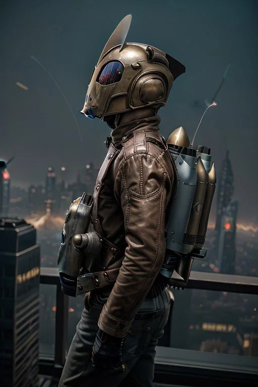 rocketeer, 1boy, helmet, jetpack, flying, flying toward camera, cyberpunk, science fiction, contrail, city , dynamic pose, cyberpunk style, city, 8k, masterpiece, highly detailed, dynamic lighting, neon signs, high contrast, dark, gritty, <lora:rocketeer_v1.0:0.8>,