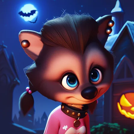 score_9, score_8_up, source_cartoon, winnie, 1girl, solo, pink shirt, blue eyes, earrings, collar, furry, aged up, low twintails, castle, night, outdoors, sfw, halloween