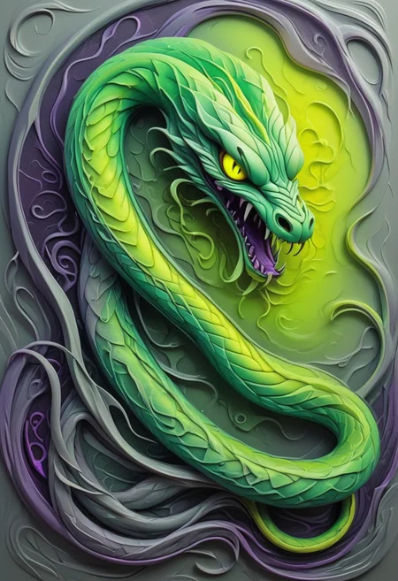 Halloween Print of a Banshee Serpent, Abstract Satin Style, Gradients of Ghostly Gray, Dark Emerald, and Soft Purple, Fangs Dripping with Neon Green Venom, Glowing Yellow Eyes, Glossy Scales Creating a Haunting, Ethereal Aesthetic