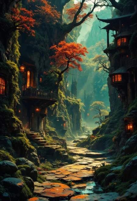 wonderful and mesmerizing scenery on a distant world, very aesthetic, extremely detailed and realistic, professional artwork, 8k, 4k, ultra-high-resolution, fantasy style scenery with art nouveau and elven influences, a tranquil, narrow stone path winding through the woods at sunset, the path leads to one beautiful red tree illuminated by what is left of the sunlight in an otherwise dark forest, small particles of light are floating and increase the closer the path is to the tree, bioluminescent plants flicker gently among moss-covered rocks, the camera is positioned just above the path level, with a slight upward angle, creating an immersive perspective that draws the eye toward the soft vanishing point beyond the path and to the focus point, rembrandt style lighting enhances contrast between the darkening landscape and the glowing interiors, the interplay of warm artificial lights and cool ambient tones creates a painterly, cinematic tension, soft mist begins to settle in the canyon, diffusing the light from lanterns and casting ghostly reflections on the water, shot on 65mm film with a fine-grain emulsion and soft bloom filter, emphasizing contrast between artificial and natural light, twilight hues rendered with rich saturation and delicate tonal transitions, ovg, artilands02, <lora:style-fantastic_landscapes-v2-flux-by_artifyai:0.8>
