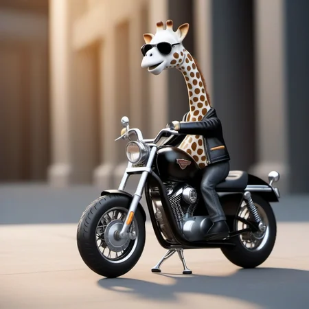 professional 3d model an anthropomorphic giraffe animal wears sunglasses and a black leather jacket, rides harley davidson <lora:Sophie1024:0.8> . octane render, highly detailed, volumetric, dramatic lighting