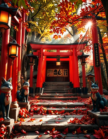 A breathtaking Inari shrine hidden within a serene Japanese forest during autumn. The scene is illuminated by the soft glow of traditional stone lanterns, casting warm golden light on the vibrant red torii gates that form a mesmerizing tunnel leading up the shrineâs stone steps. The ground is covered with delicate fallen maple leaves in shades of crimson, orange, and yellow. Kitsune (fox) statues with intricate details guard the entrance, wearing red bibs symbolizing their sacred role. The shrineâs wooden structure is adorned with ancient calligraphy and shimenawa ropes, exuding a mystical and spiritual atmosphere. Sunlight filters through the dense foliage, creating a tranquil interplay of light and shadow. The air feels crisp and filled with a sense of reverence and peace. The image is captured in a hyper-detailed, photorealistic style, with high dynamic range lighting enhancing the depth and richness of the colors.
<lora:SDXLFaeTastic2400:0.4> <lora:extremely_detailed:0.4> extremely detailed, <lora:Inari_shr1n3:1>,Inari shr1n3, Masterpiece,best quality,hi res,8k,hi res,8k,award winning,(sharp focus, intricate, highly detailed),