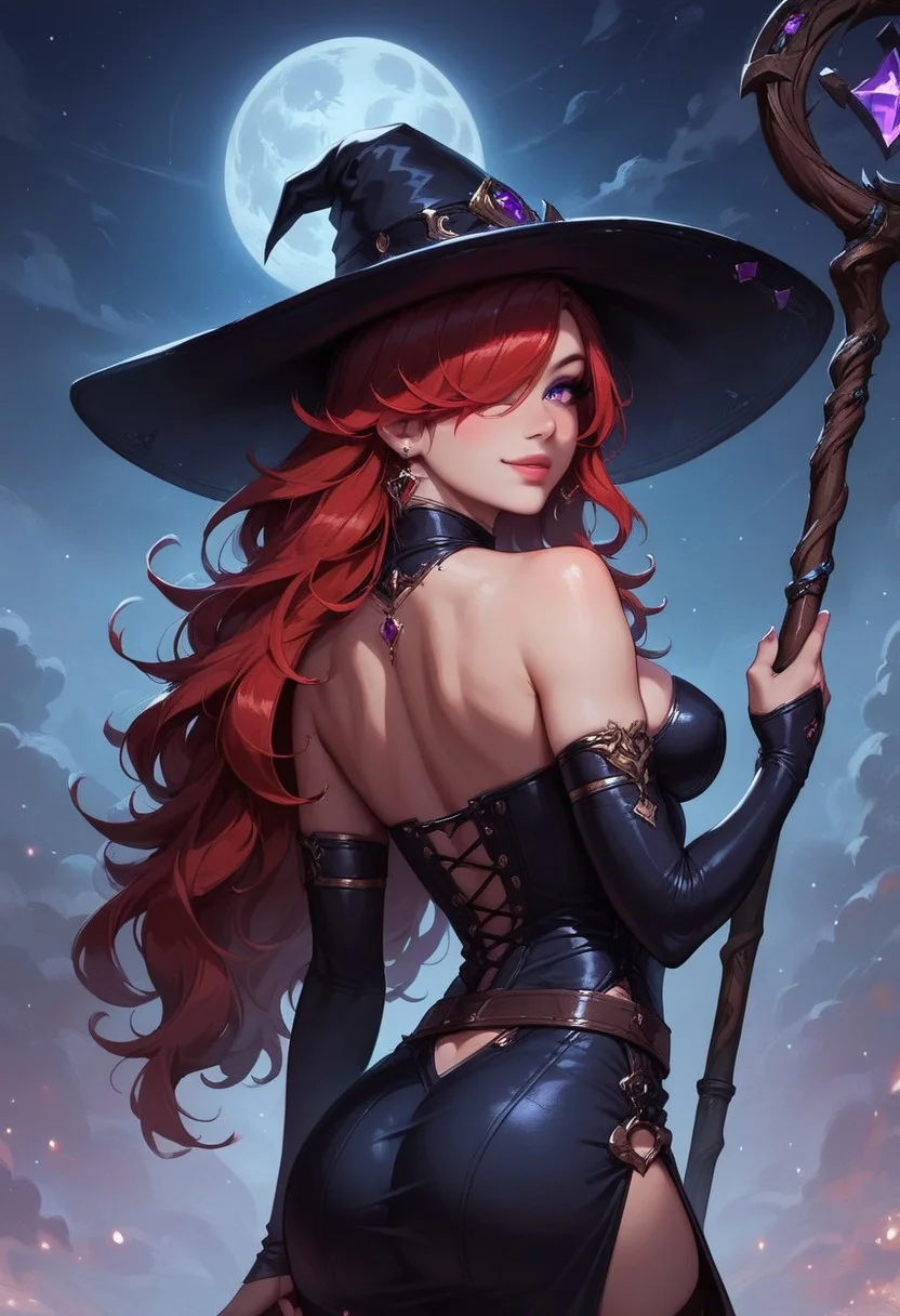 1girl, illustration, looking at viewer, highly detailed, looking at viewer, 1girl, masterpiece, best quality, ((((back view)))), source_photo, source_real, 1girl, solo, long hair, breasts, looking at viewer, witch skirt, witch hat, red hair, thighhighs, jewelry, purple eyes, belt, necklace, mole, lips, wavy hair, side slit, long skirt, realistic, long legs, curvy hips, detailed eyes, eye_focus, close-up, solo, looking_at_viewer,
BREAK
slight smile, looking at viewer, ((a staff with a luminous top:1.3))
long hair, red hair, hair over one eye, big hair, BREAK
best quality, depth of field, bokeh, (((full clothed)))
BREAK
((night, outdoors, sky, full moon background)) score_9, score_8_up, score_7_up, score_6_up, source_cartoon, rating_explicit, Expressiveh, ((((upper body))))), dynamic pose, dynamic pose