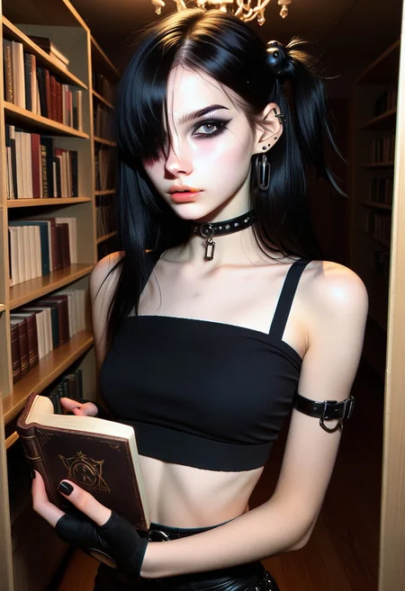 score_9, score_8_up, score_7_up, score_6_up,
1girl, 25 years old, AMFL, low key, high exposure, girl in the library, portrait,
black eyes, looking at viewer, ear piercing, makeup, eyeliner, eyeshadow,
black hair, long hair, one side up, hair over one eye, hair ornament, piercing,
goth fashion, black choker,
crop top, bare shoulders,
fingerless gloves, fingerless gloves,
blush, shy,
book, holding book,
night, dark theme