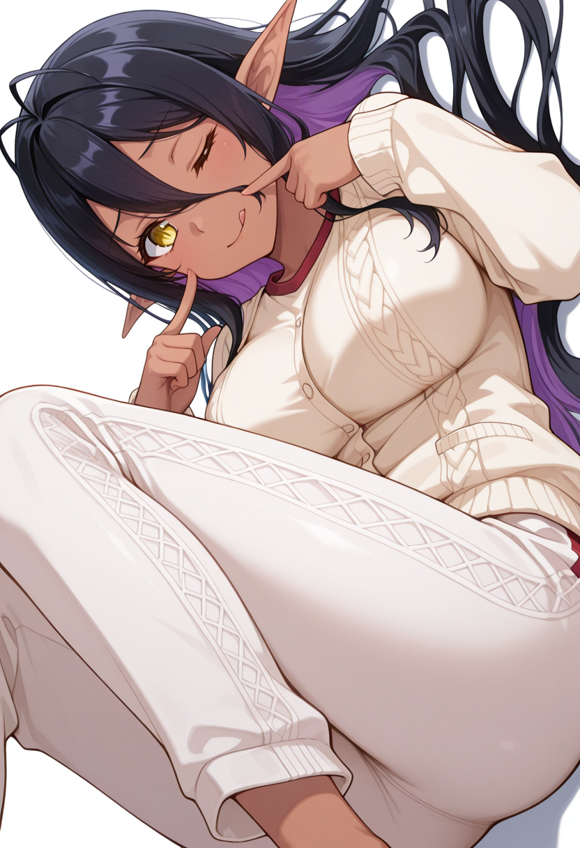 masterpiece,high quality details, absurdres,
 <lora:Mariabell:0.8>
mariabell_cnr, black hair, purple hair,olored inner hair, very long hair,  hair between eyes,dark elf, slit pupils, large breasts,antenna hair,, simple background, white background, sideways,solo,, ;q,, casual vibe,lying down,one hand on the ground,, fingersmile,panicking,, gym shirt,cardigan  ,bell-bottom pants,  ,lace legwear,