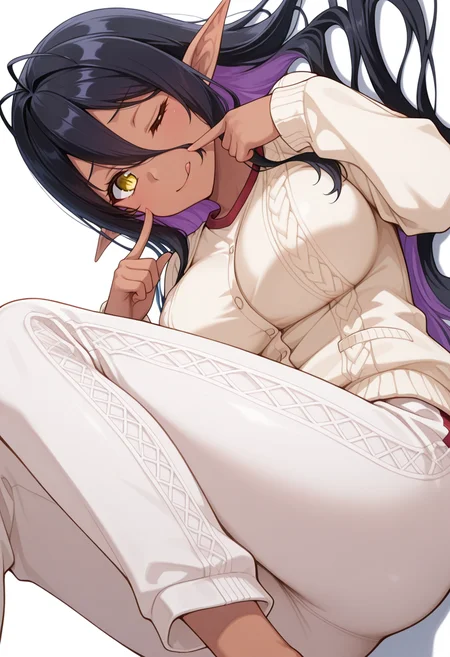 masterpiece,high quality details, absurdres,
 <lora:Mariabell:0.8>
mariabell_cnr, black hair, purple hair,olored inner hair, very long hair,  hair between eyes,dark elf, slit pupils, large breasts,antenna hair,, simple background, white background, sideways,solo,, ;q,, casual vibe,lying down,one hand on the ground,, fingersmile,panicking,, gym shirt,cardigan  ,bell-bottom pants,  ,lace legwear,
