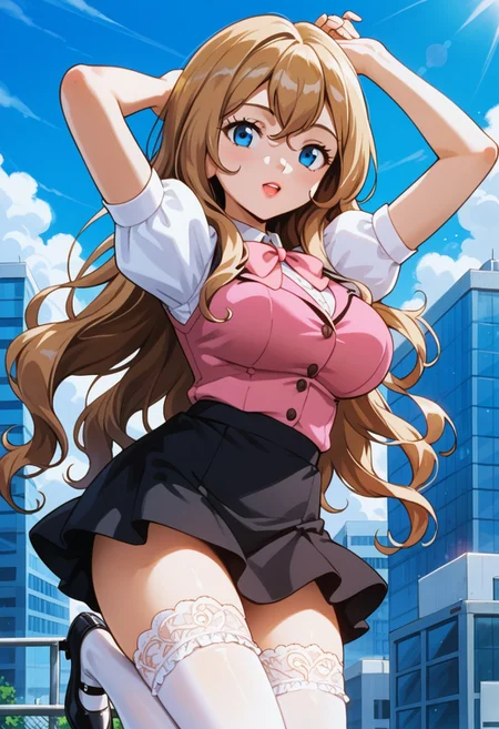 score_9, score_8_up, score_7_up, score_6_up, source_anime, <lora:PMSerena:0.8>, PMSerena, 1girl, very long hair, blonde hair, hair between eyes, bangs, blue eyes, lipstick, large breasts,
office uniform, puffy short sleeves, white thighhighs, lacy thighhighs, pink bowtie, white shirt, pink vest, black skirt, frilly skirt, black shoes,
arms up, open mouth, looking at viewer,
BREAK office, blue sky, day, outdoors, sunlight,
