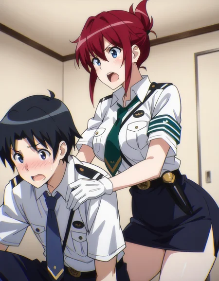<lora:sakurai-aoi-illustrious-000003:1> sakuraiaoi, 1girl, blush, open mouth, skirt, gloves, 1boy, naotaka, green neckwear, dress shirt, indoors, masterpiece, best quality